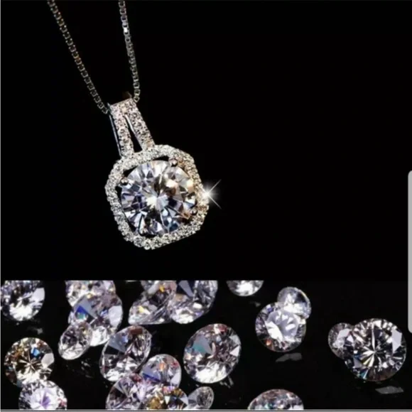 New Silver women halo diamond pendant necklace - Picture 6 of 6